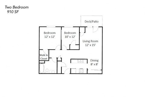 Floor plan for 2 beds, 1 bath, 910 sqft